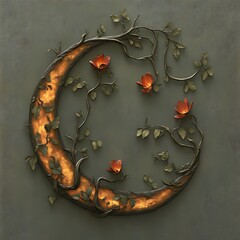 Crescent moon adorned with intricate vines and blossoms.  A warm, glowing interior highlights the organic design
