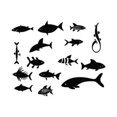 Fototapeta premium Sea Animals Set Black Silhouette Clipart on a White Background