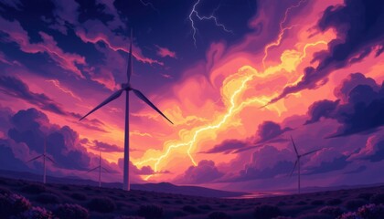 Vibrant sunset over wind turbines in a stormy sky.