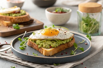 Delicious Avocado Toast with Fried Egg and Microgreens