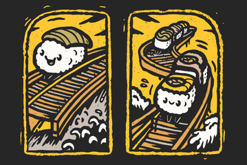 Cute Sushi Train Cartoon Illustration on Black Background