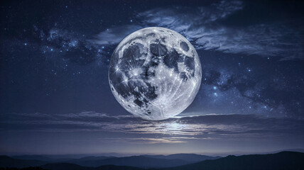 Enamor full moon illuminating clouds and stars in the nighttime sky 