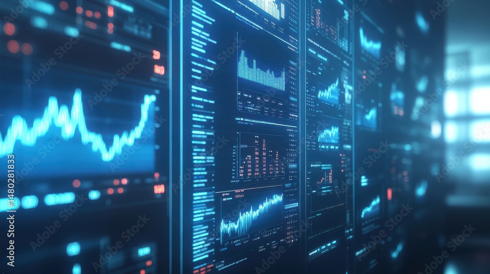 Aufkleber data visualization on screens with stock market graphs and charts