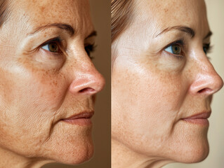 A close-up side-by-side comparison of a mature woman's face before and after a skin rejuvenation or anti-aging treatment. The image highlights improved skin texture, reduced wrinkles, and enhanced rad