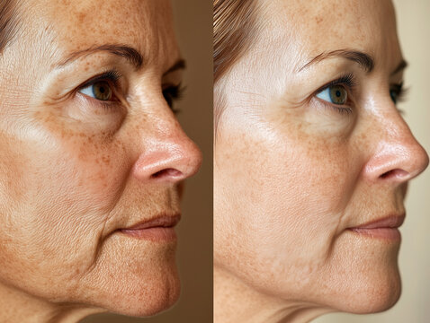 A close-up side-by-side comparison of a mature woman's face before and after a skin rejuvenation or anti-aging treatment. The image highlights improved skin texture, reduced wrinkles, and enhanced rad