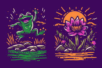 Colorful Frog and Lotus Flower Illustration for Nature Lovers