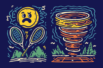 Depiction of Tornado and Sad Sun with Tennis Elements in Illustration