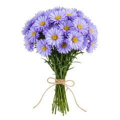 Bunch of delicate purple flowers with yellow centers, tied neatly together by a rustic string