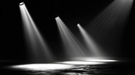 Bright spotlights illuminate dark stage, creating dramatic shadows and moody atmosphere. beams of light enhance sense of