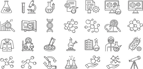 Science Editable Icons set. Vector illustration in modern thin line style of research related icons: laboratory, scientist, equipment, and more