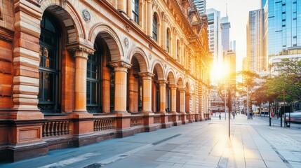 Fototapeta premium Historic Architecture Along Sunny Urban Street at Golden Hour