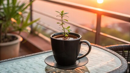 Sunrise Coffee with a Sprout in a Black Mug on Balcony