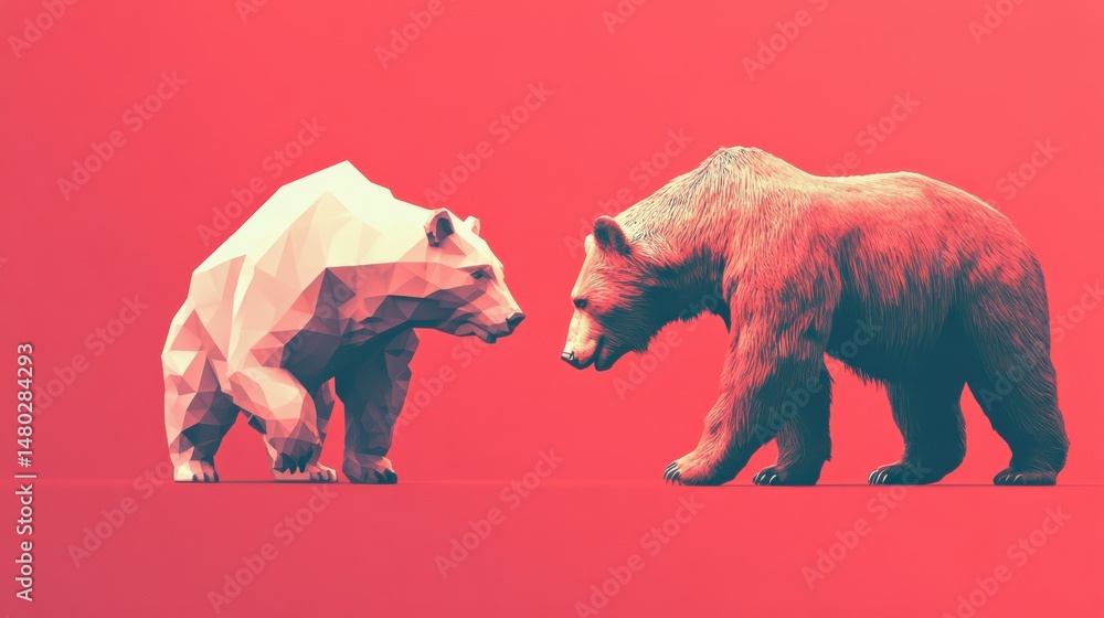 Poster low poly and realistic bear models facing each other on red background