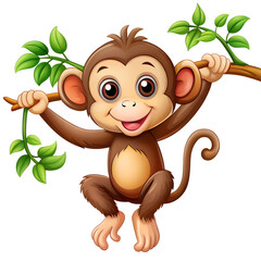 a cute monkey hanging on a tree branch cartoon illustration for picture book isolated on a white background. PNG Transparent file type with high definition quality Available.