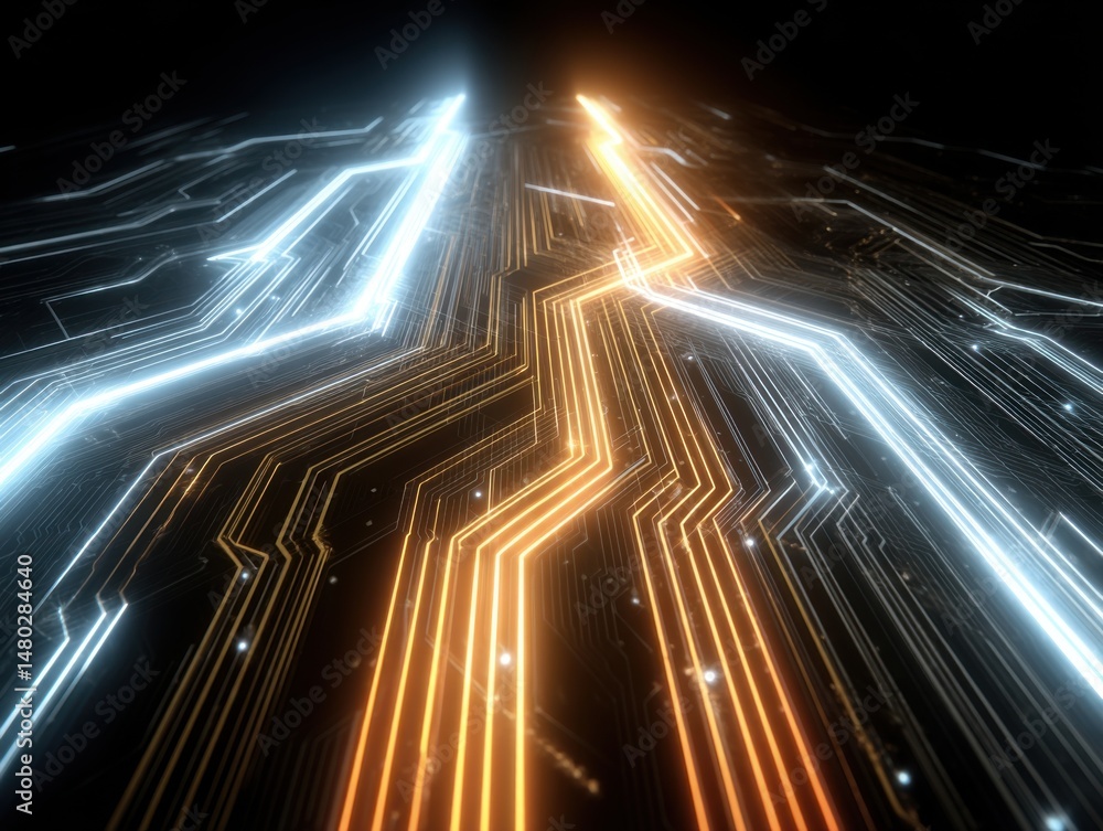 Poster abstract circuit board close up showing data flow with orange and blue glowing traces perspective vi