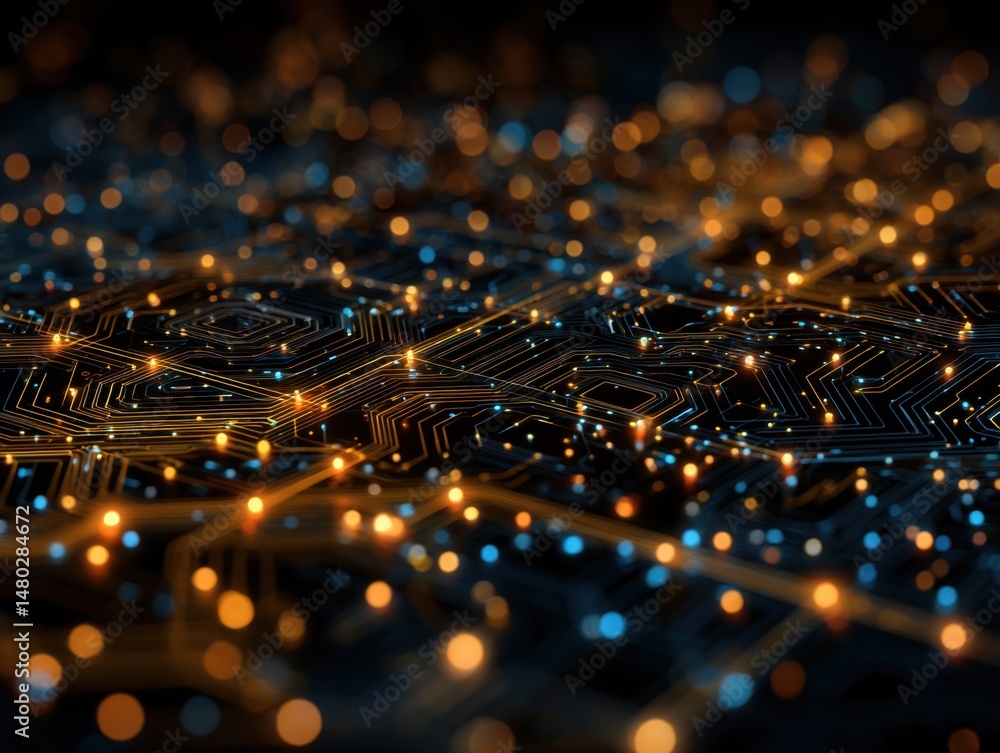 Poster abstract circuit board with glowing lights in dark environment showing technology and connectivity c