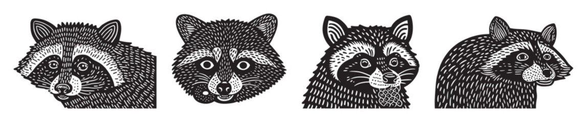 Obraz premium Hand-Drawn Doodle Illustrations of Raccoons in Black and White Style