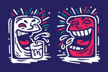 Fun Cartoon Characters Laughing and Enjoying Refreshing Drink