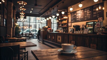Fototapeta premium Cozy Coffee Shop Atmosphere with a Latte on Wooden Table