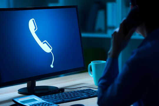 Nighttime tech support agent fielding calls with telephone icon on screen