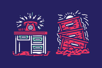 Colorful Cartoon Drawing of Desk with Phone and Falling Drawers