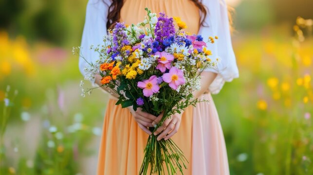 Woman Holding Colorful Wildflower Bouquet in Sunny Meadow
