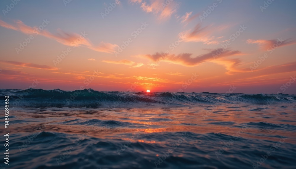 Poster sunset over waves creating a serene seaside scene.