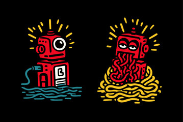 Colorful Robot Illustration on Black Background with Creative Detail