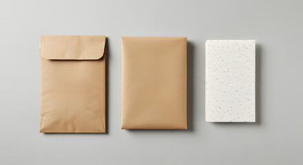 Minimalist Compostable Packaging Mockup: Brown Kraft Paper Envelopes and White Speckled Card on Grey Background for Eco-Friendly Branding and Sustainable Design Projects