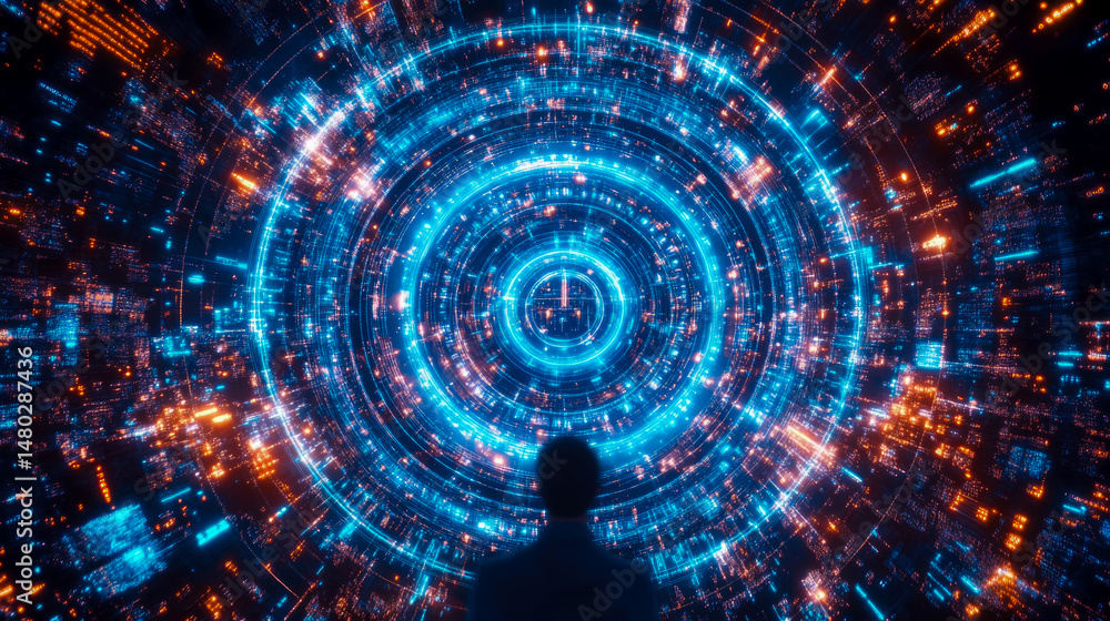 Poster futuristic tech portal. silhouette contemplates digital transformation interface design for landing 