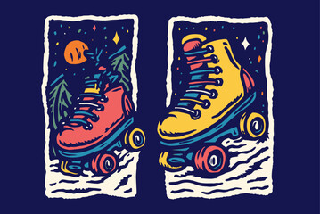Playful Roller Skates Illustration with Vibrant Colors and Nature Elements