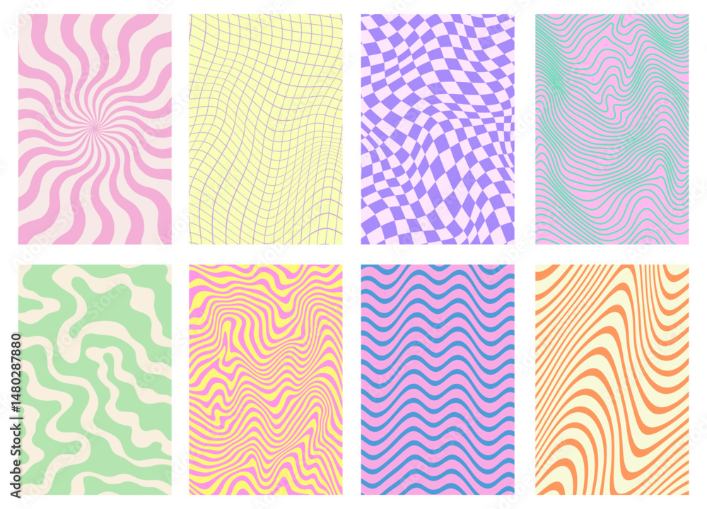 Poster Set Of Cool Groovy Geometric Patterns. Pop Art Fun Playful Textures. Vintage Backgrounds 80s Vector Design.