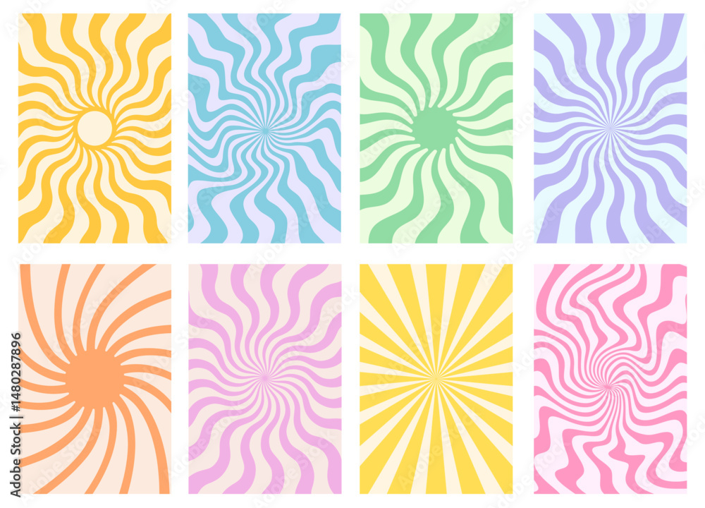 Aufkleber Set Of Groovy Psychedelic Swirl Rays Patterns Vector Design. Collection of Abstract Sun Beams Shine Geometric Funny Playful Backgrounds. Trippy Textures.