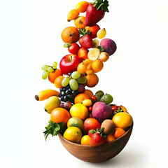Assorted colorful fruits in wooden bowl