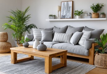 A Scandinavian-style living room with two sofas, one gray and the other white and green, in which there is also an oak coffee table on top of a light beige carpet.