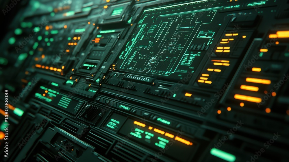 Poster futuristic digital circuit board with glowing elements and patterns