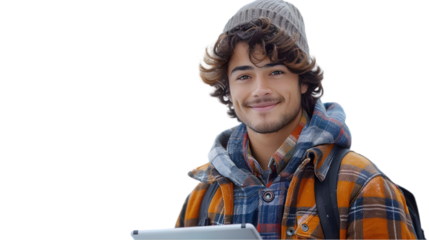 Smiling man tablet winter outdoors.