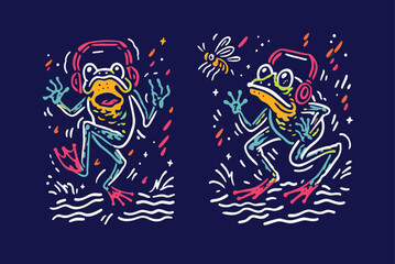 Vibrant Frog Illustration with Headphones and Dancing Motif