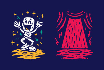 Vibrant Illustrated Character with Curtains and Stars in Background