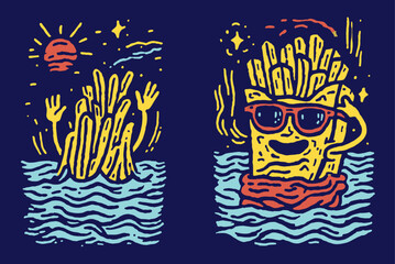 Obraz premium Playful French Fries Character Swimming with Sunglasses and Sun