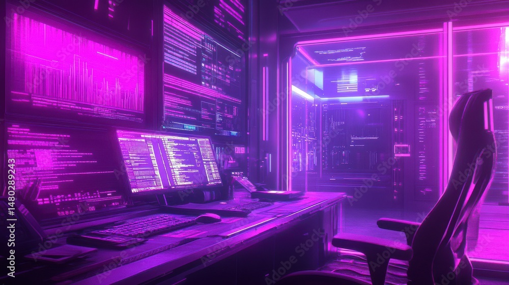 Poster futuristic workspace with neon lights and high-tech computer setup