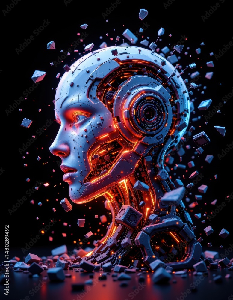 Poster imagine a striking 3d rendering of a male robots head in the midst of a dramatic explosion, shatteri
