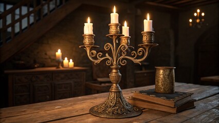 Ornate Antique Candelabra with Lit Candles on Wooden Table