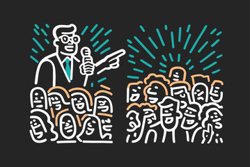 Engaging Speaker Addressing Enthusiastic Crowd in Colorful Illustration