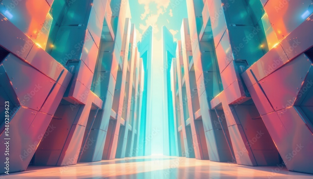 Poster imagine a mesmerizing digital artwork depicting the structure of a futuristic building crafted entir