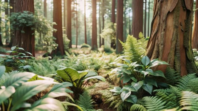 Sunlight filters through towering trees onto lush green ferns and broad-leafed plants in a serene forest.