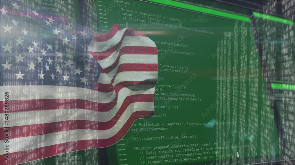 Poster animated illustration showing faded american flag waving over streaming code and binary