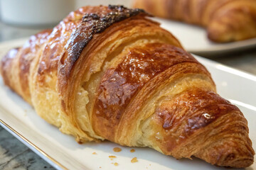 The image showcases a warm, golden-brown croissant, its buttery layers evident, presented on a white plate against a softly blurred background, possibly in Karachi.