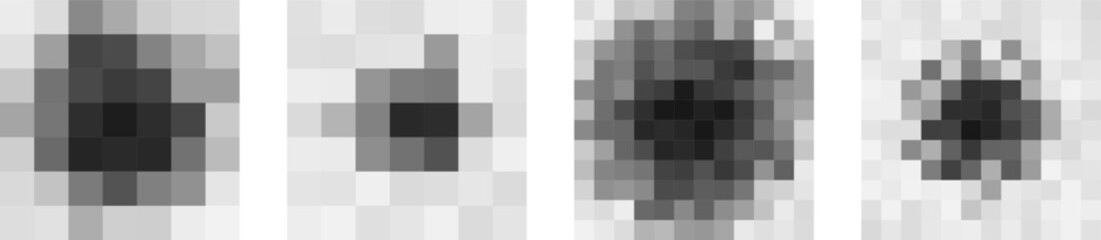 Censorship pixel noise blobs in variations. Four center-focused blur shapes simulating blocked content, glitch filter or privacy masking. Abstract tech interface style. Vector illustration.