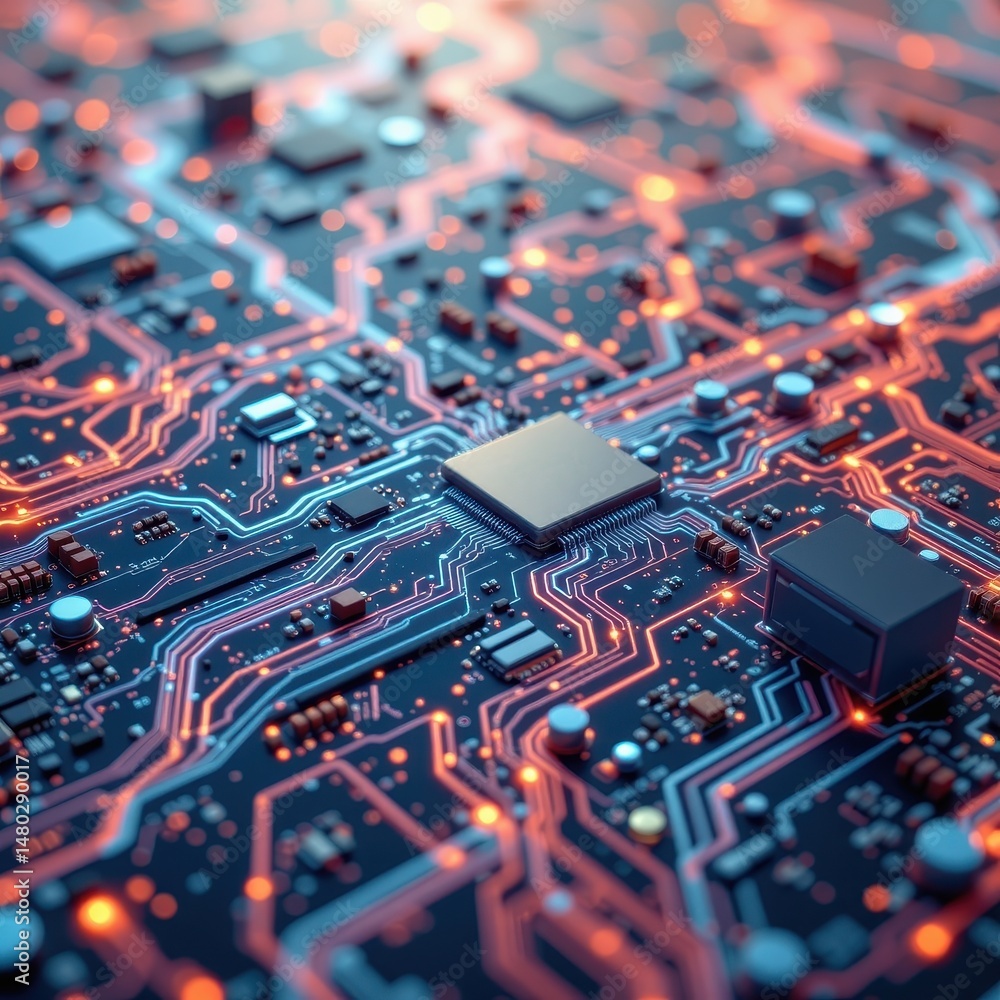 Poster imagine a mesmerizing digital landscape where a circuit board morphs seamlessly into a network of pu